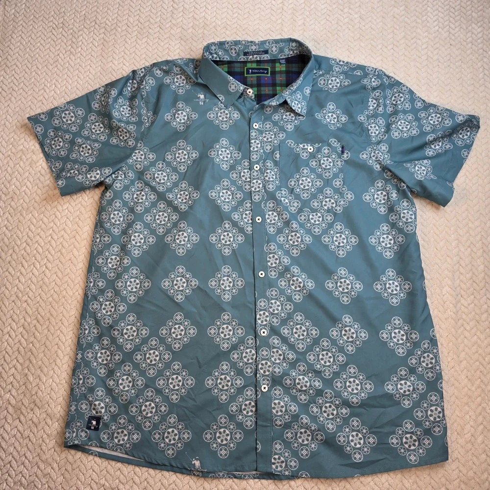 William Murray Golf Mens XXL Blue Movie Film Reel Print Short Sleeve Button Down